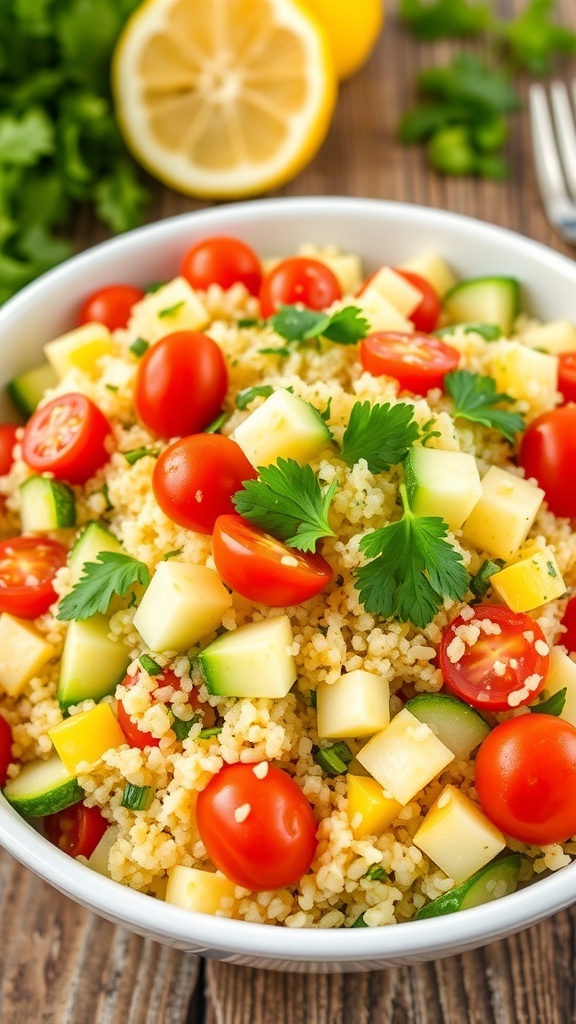 A bowl of lemon herb quinoa with parsley, cilantro, cucumbers, and cherry tomatoes on a wooden table.